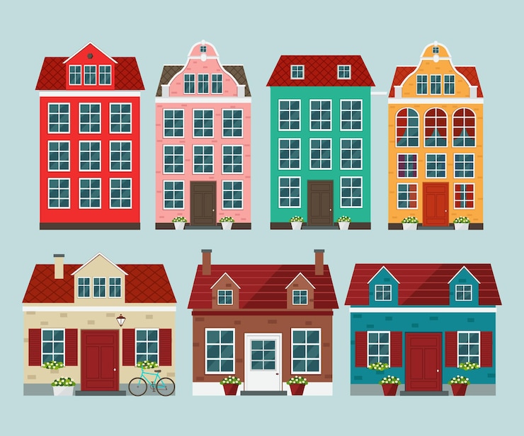 Vector reeks europese kleurrijke oude huizen. oude europese stad.
