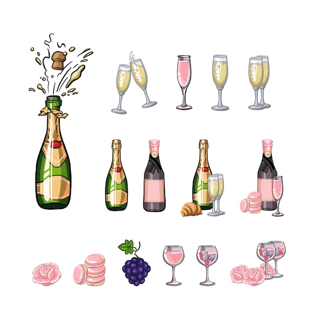 Reeks gekleurde alcohol met champagneglazen wijnillustratie