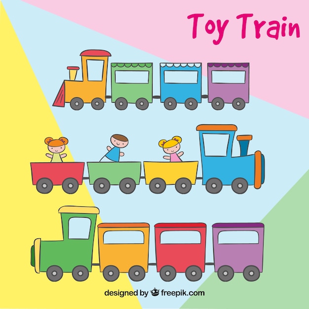 Reeks gekleurde speelgoed treinen