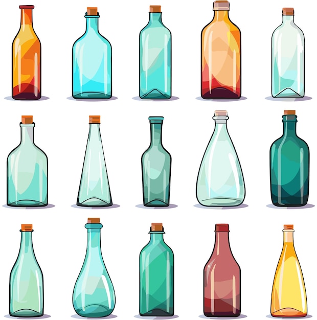 Vector reeks glasflessen van diverse vormen en kleuren die op witte vectorillustratie worden geïsoleerd als achtergrond