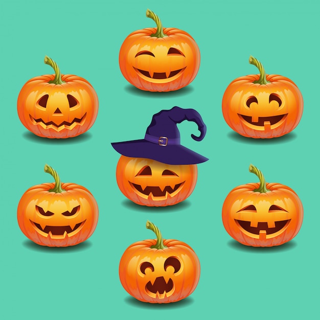 Reeks helder kleurrijk halloween-pompoenengezicht, emotie. grappige gezichten, herfstvakantie. jack o lantaarn pictogrammen emoties. vector illustratie.