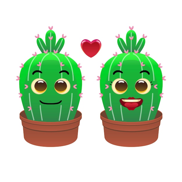 Vector reeks illustratie van karakter een paar cactus met blij gezicht