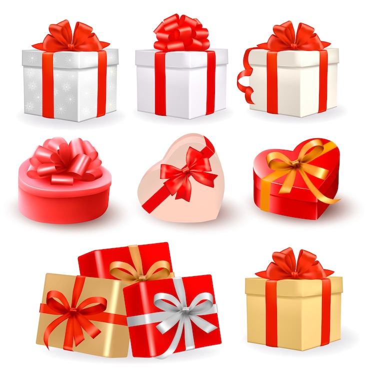 Vector reeks kleurrijke geschenkdozen met strikken en linten.