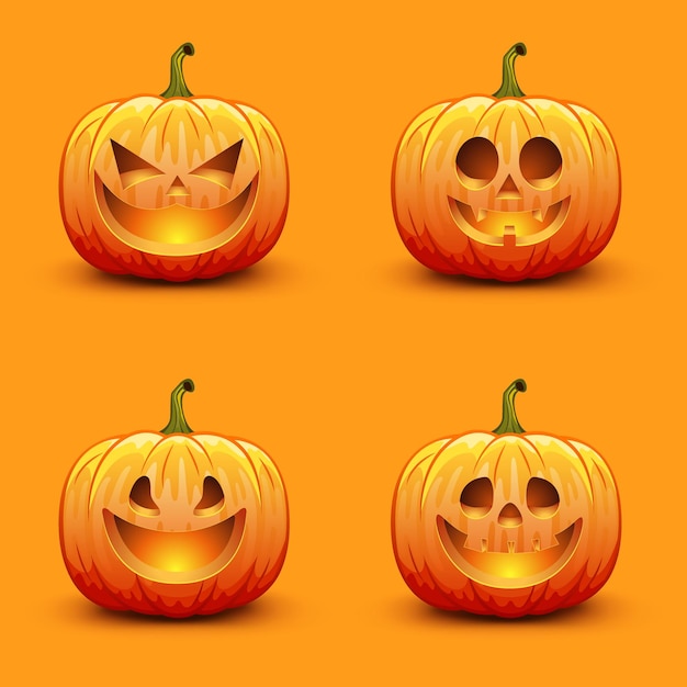 Reeks leuke en enge halloween-pompoenen. herfstvakantie vectorillustratie