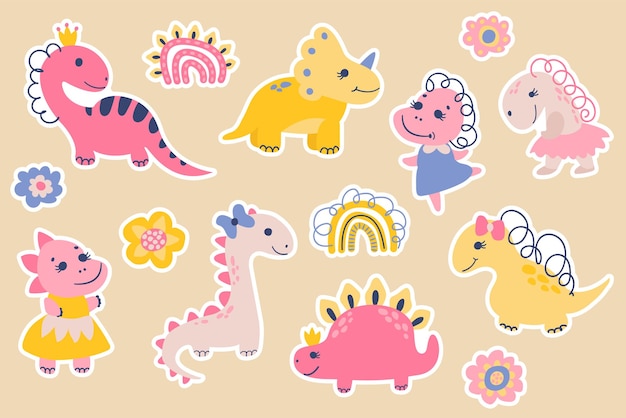 Reeks leuke stickers van dinosaurusmeisjes. Teken stijl. vectorillustratie.