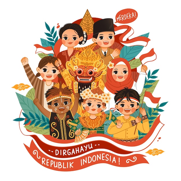 Vector reeks mensen vieren de onafhankelijkheidsdag van indonesië hari kemerdekaan indonesië