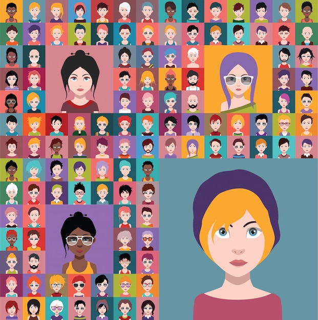 Reeks mensenavatars in vlakke stijl met gezichten. Vector vrouwen, mannen karakter