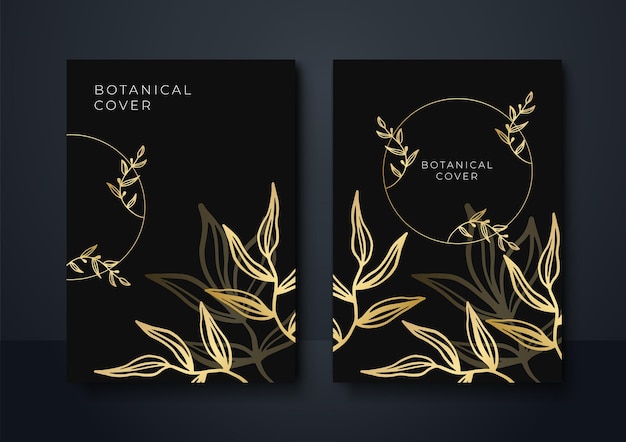 Reeks moderne zwarte en gouden abstracte bloemenachtergrond. Abstracte luxe zwarte gouden achtergrond. Moderne donkere banner sjabloon vector met bloemen vorm patronen. Futuristisch digitaal grafisch ontwerp