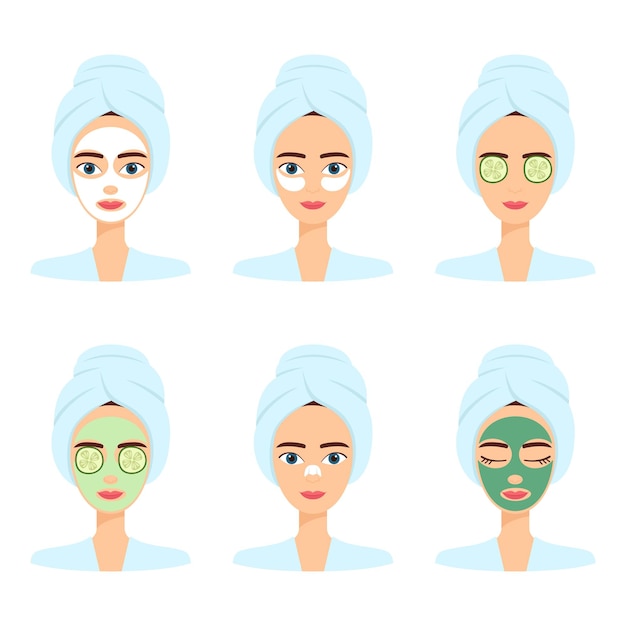 Reeks mooie vrouwen met verschillend gezichtsmasker. spa schoonheidsbehandeling, vectorillustratie