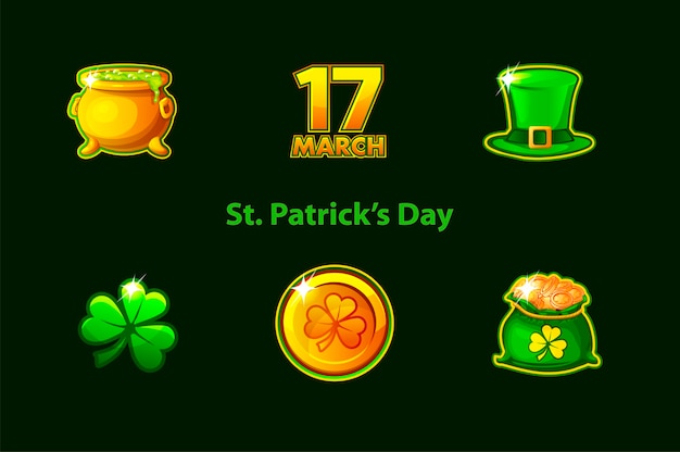 Reeks pictogrammen van st. patricks day-symbolen. pack vakantie symbolen klaver, hoed, munten, klaver, klaver.