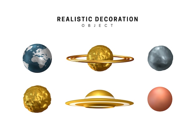 Reeks planeten en Ufo. Realistische 3D-aarde, maan en rode planeet mars, saturnus en vliegende schotel. Geïsoleerde ontwerpelementen op witte achtergrond. Collectie objecten vector illustratie