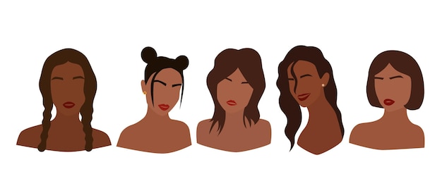 Reeks portretten van anonieme vrouwen. Collectie van abstracte zwarte meisjes met verschillende kapsels. Trendy minimale vectorillustratie geïsoleerd op een witte achtergrond.