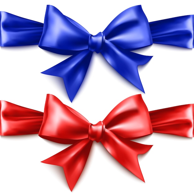 Reeks realistische bogen van rode en blauwe kleuren voor decoratie van ansichtkaarten, vakantiedozen, enz., bogen voor decoratie op een witte achtergrond, vectoreps 10 illustratie