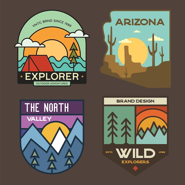 Vector reeks retro kampeerbadges met verschillende ontwerpen met wildernisthema, waaronder bergen, bossen, woestijn van arizona en buitenactiviteiten stock vector reislabels