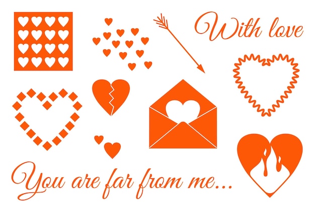 Reeks romantische elementen voor Valentijnsdag. Envelop met hart. Pictogrammen van symbool van liefde.