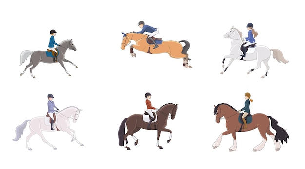 Reeks ruiters en paarden rond het thema paardensportrecreatiehobby's