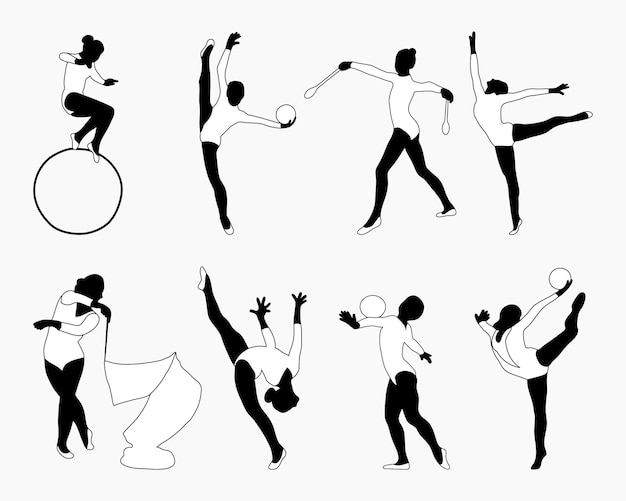 Reeks silhouetten van gymnasten Sport artistieke gymnastiek Sportkoningin Vlakke stijl Geïsoleerde vector