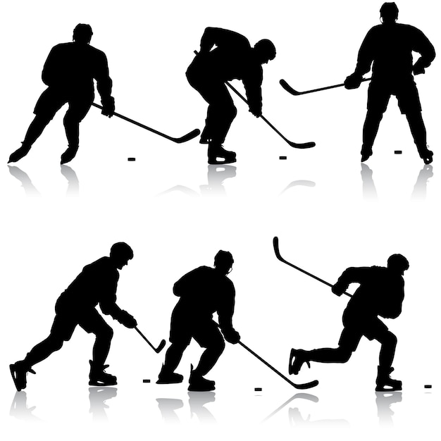 Reeks silhouetten van hockeyspeler die op wit wordt geïsoleerd
