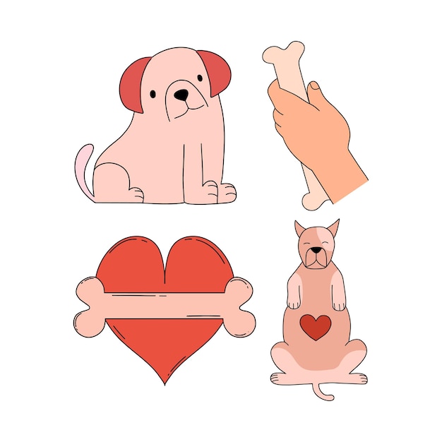 Reeks stickers met hondenhart en hand met been Vectorillustratie in vlakke stijl