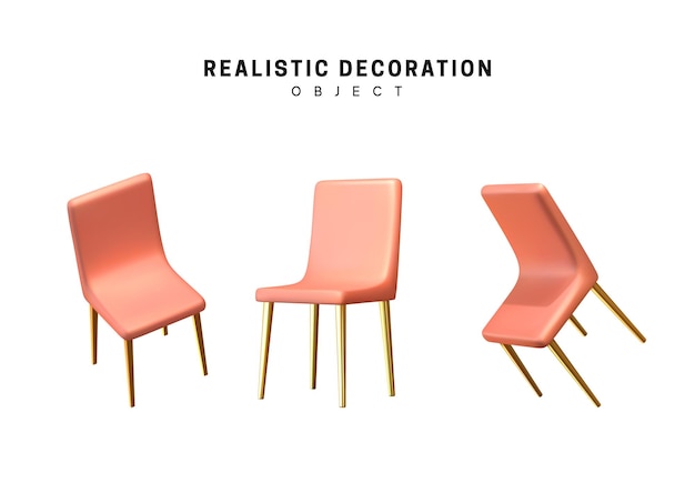 Vector reeks stoelen in 3d realistisch ontwerp dat op witte achtergrond wordt geïsoleerd. vector grafische illustratie