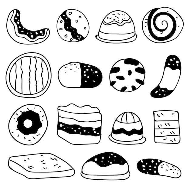 Reeks tekeningen op de themacakes. Taarten, taarten, brood, koekjes en andere zoetwaren. vector illustratie