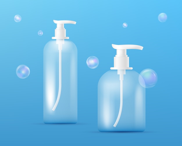 Reeks transparante parfumflesjes. schoon plastic fles sjabloon met dispenser voor vloeibare zeep, shampoo, douchegel, lotion, body melk met transparante kleurrijke zeepbellen. verpakkingsverzameling.