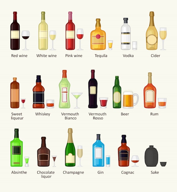 Reeks van de verschillende fles van de alcoholdrank en glazen vectorillustratie.