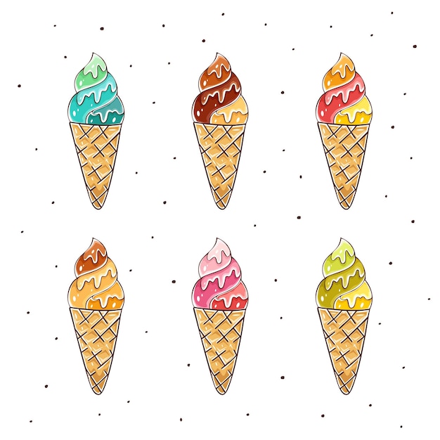 Reeks van kleurrijk roomijs in wafelkegel die op witte illustratie wordt geïsoleerd als achtergrond