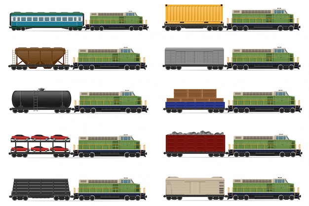 Reeks van realistische spoorwegtrein met locomotief en wagens vectorillustratie