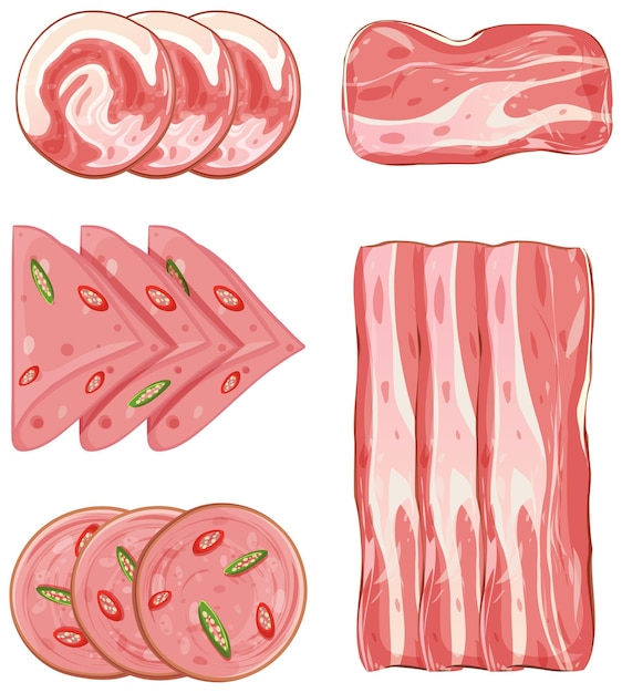 Reeks van varkensvleesproduct op witte achtergrond