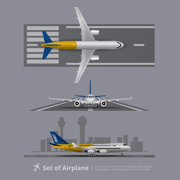 Reeks van vliegtuig op baan geïsoleerde vectorillustratie