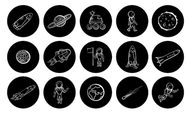 Reeks vectorillustraties van ruimtevoorwerpen. astronaut, komeet, shuttle, schip en raketvector