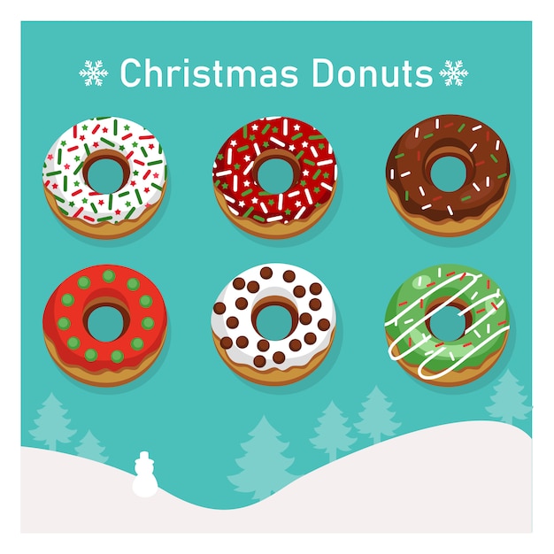 Reeks verscheidenheid kleurrijke donuts in Kerstmisthema.