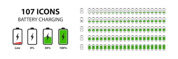 Reeks verticale batterijniveau-indicatoren in procenten vector Batterij-indicatorsymbolen 0100 procent