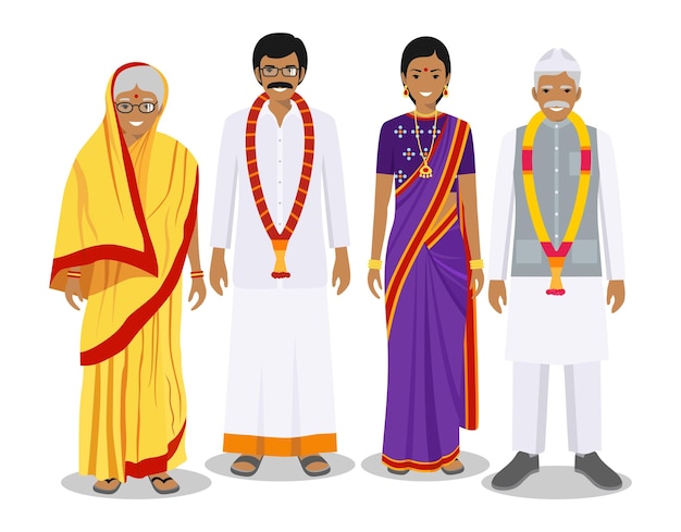 Reeks volwassen mensen in traditionele nationale kleding die bij elkaar staan