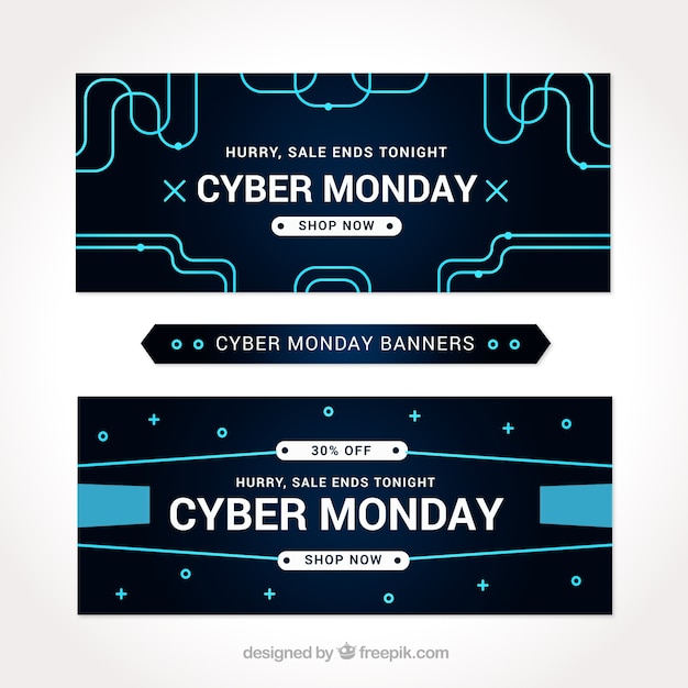 Vector reeks zwarte cyber maandag banners met blauwe lijnen
