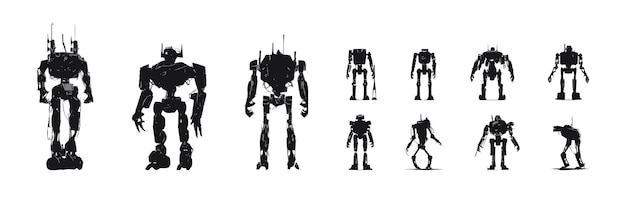 Reeks zwarte silhouetten van robots die op witte vectorillustratie worden geïsoleerd als achtergrond