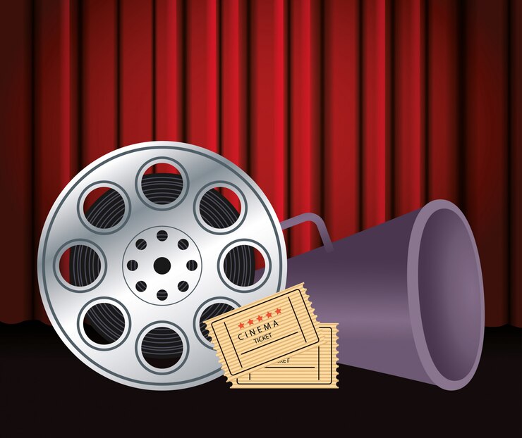 वेक्टर reel tape with cinema tickets and megaphone over red cinema curtains