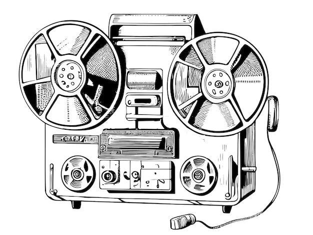 Ретро-скетч стереофонического магнитофона с катушкой, нарисованный вручную в стиле каракулей векторная иллюстрация