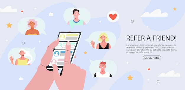 ベクトル 友達のバナーを参照してください。スマートフォンを保持している手。