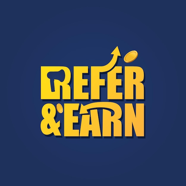 Refer and earn lettering creative logo with megaphone arrow and coin icon Referral program banner