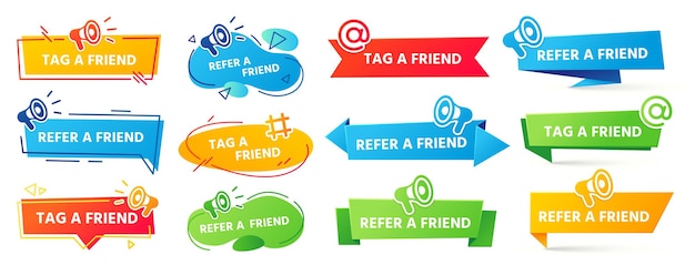 Refer a friend banner. referral program label, friends recommendation and social marketing tag friend banner set.