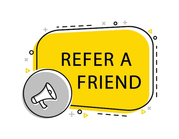 Refer a friend banner with megaphone and laptop. advertising, marketing.