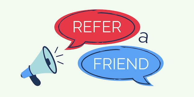 Refer a friend banner with a megaphone and speech bubble