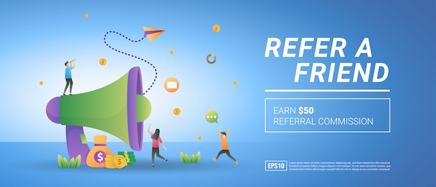 Refer a friend concept. Earn referral commission, refer a customer. Reward and marketing programs. 