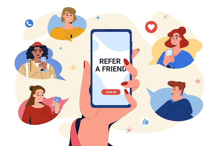 Vector refer a friend concept. flat hand hold phone to invite friends for community or social media group and earn rewards, money bonus. online referral program. teenagers in speech bubbles follow and join.
