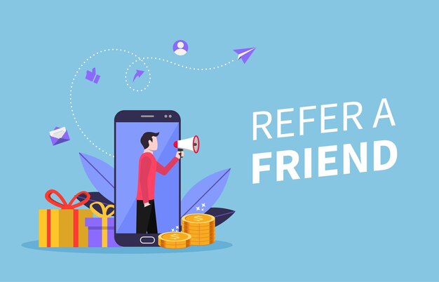 Refer a friend concept. Man holding megaphone symbol illustration