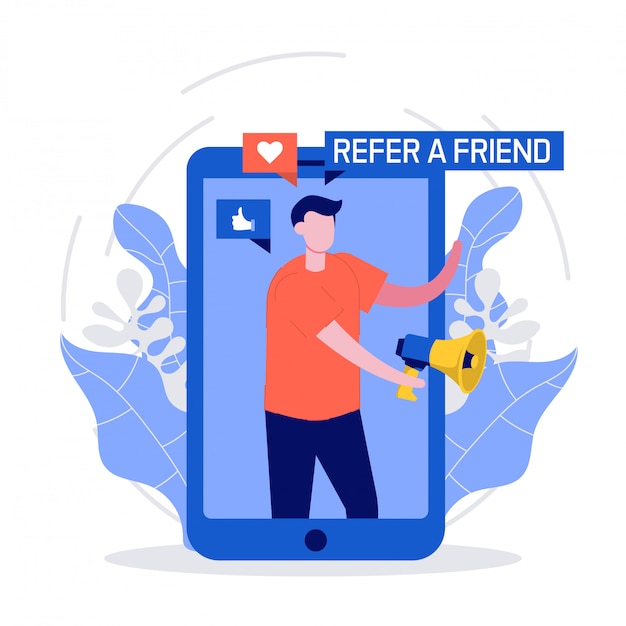 Vector refer a friend concept with smartphone and megaphone. people share info about referral and earn money.