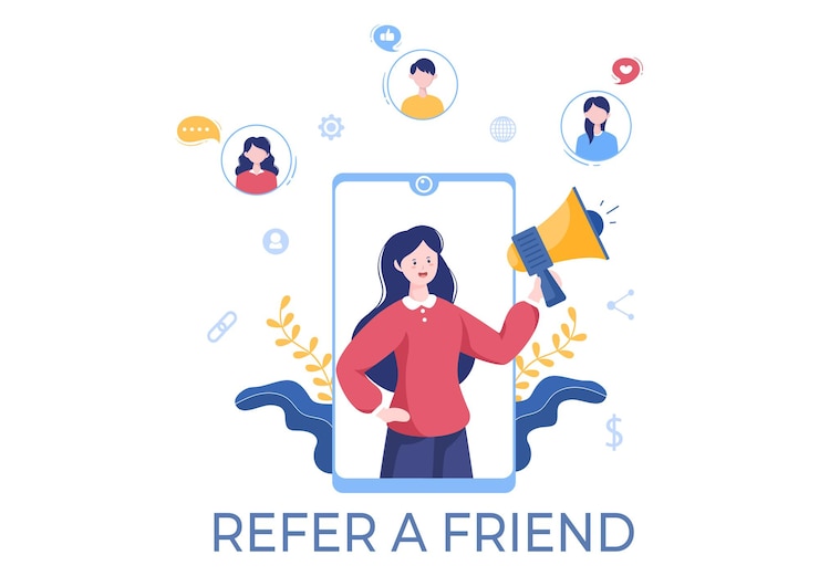 Vector refer a friend flat design illustration with megaphone on screen mobile phone and social media marketing for friends via banner, background or poster