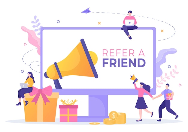 Vector refer a friend flat design illustration with megaphone on screen mobile phone and social media marketing for friends via banner, background or poster